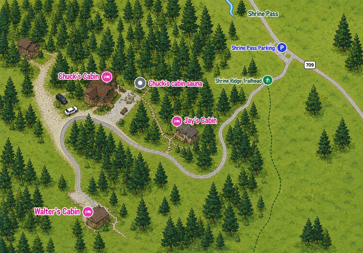 Map of the Shrine Pass area showing cabins, parking, sauna, and trailhead